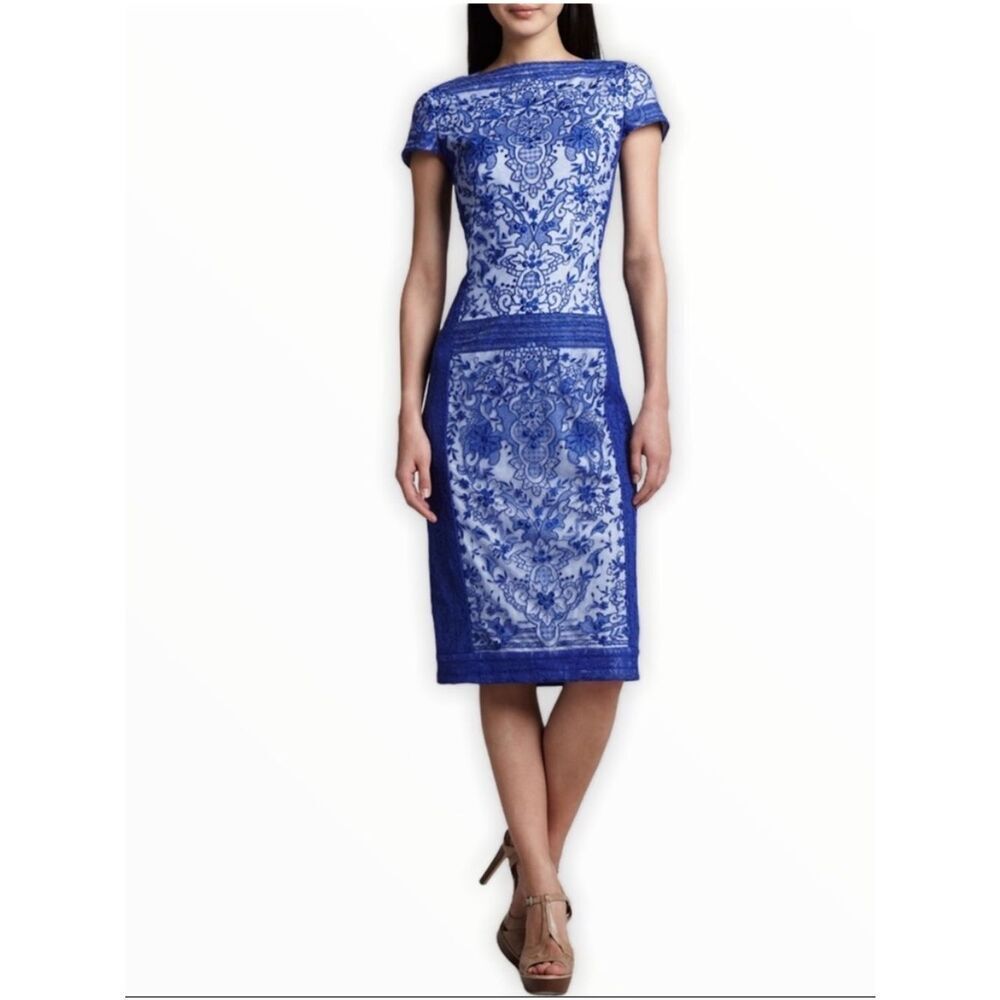 Tadashi Shoji Blue Lace Overlay Sheath Dress Womens 10